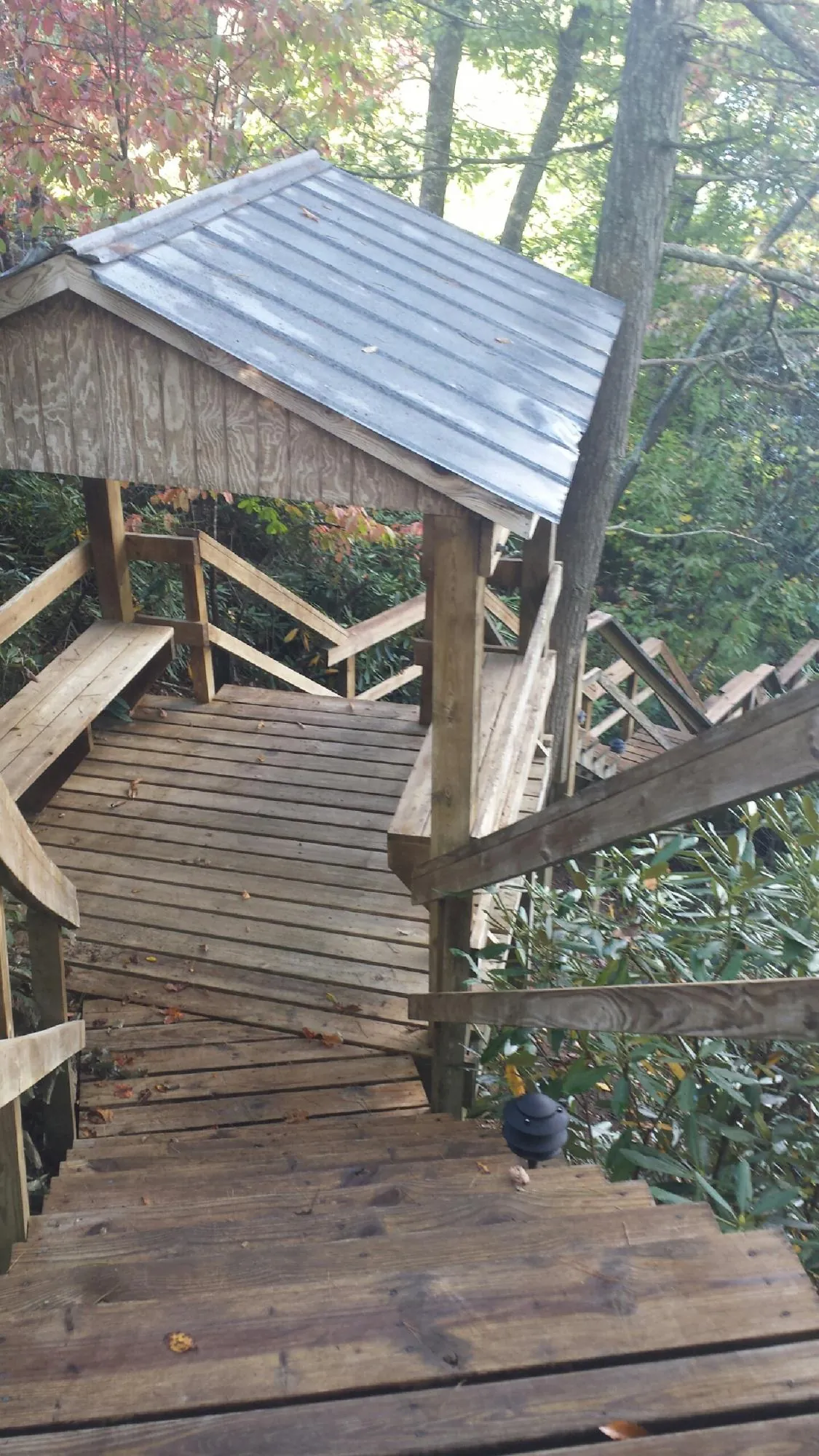 Metal roofed shelter over wooden steps on a wooded walkway — Skylight Repair & Installation work by our crew in North Creek